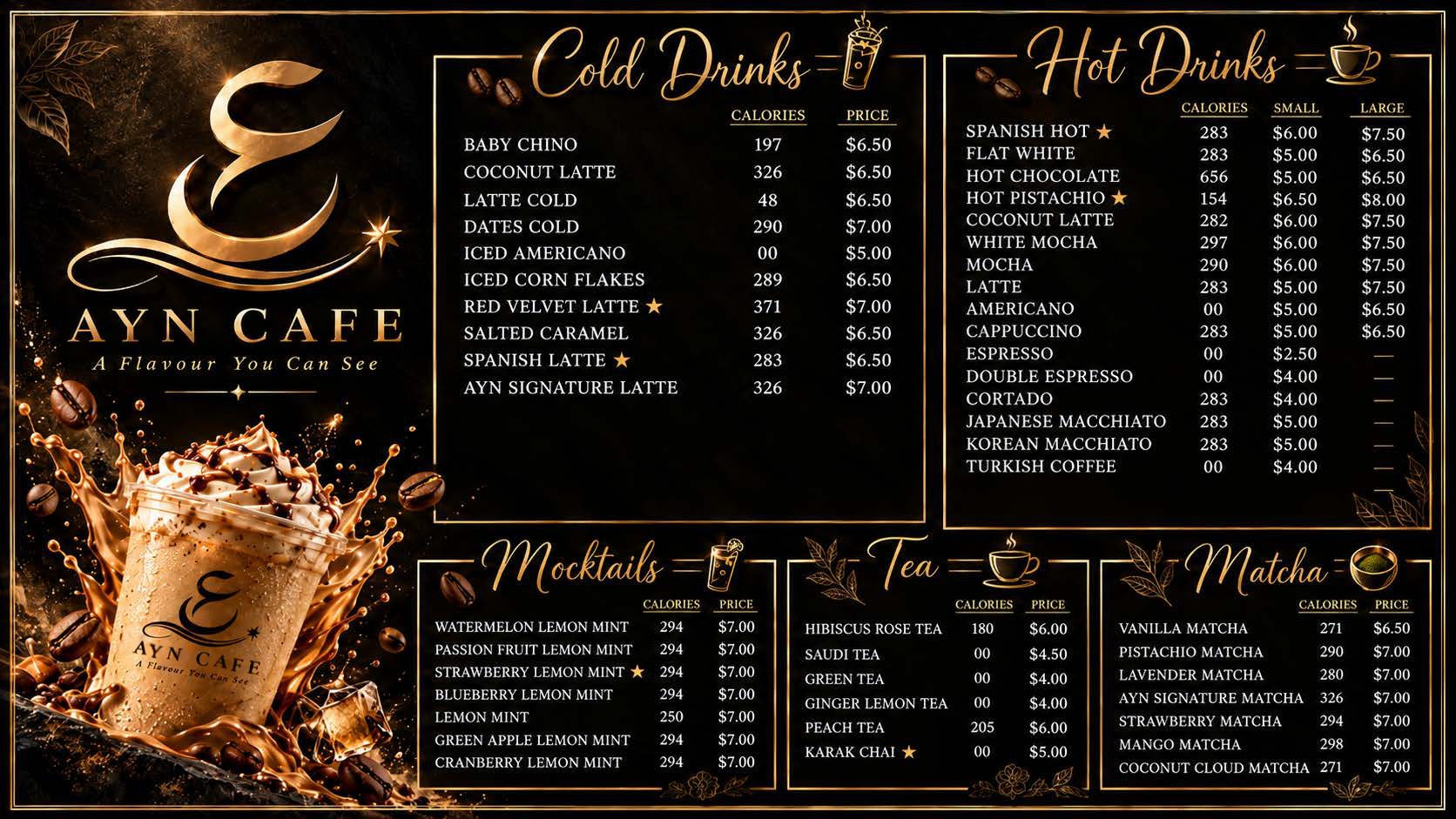 Ayn Cafe drinks menu, page 1
